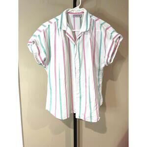 80s Cabrais Striped Short Sleeve Button-Up Blouse